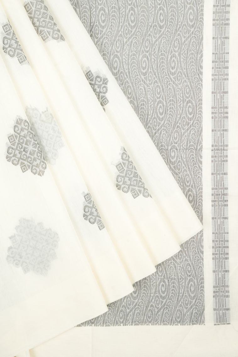 Porcelain White Kovai Cotton Sarees with Without Zari Zari Buttis (small Dots Or Motifs) view 1