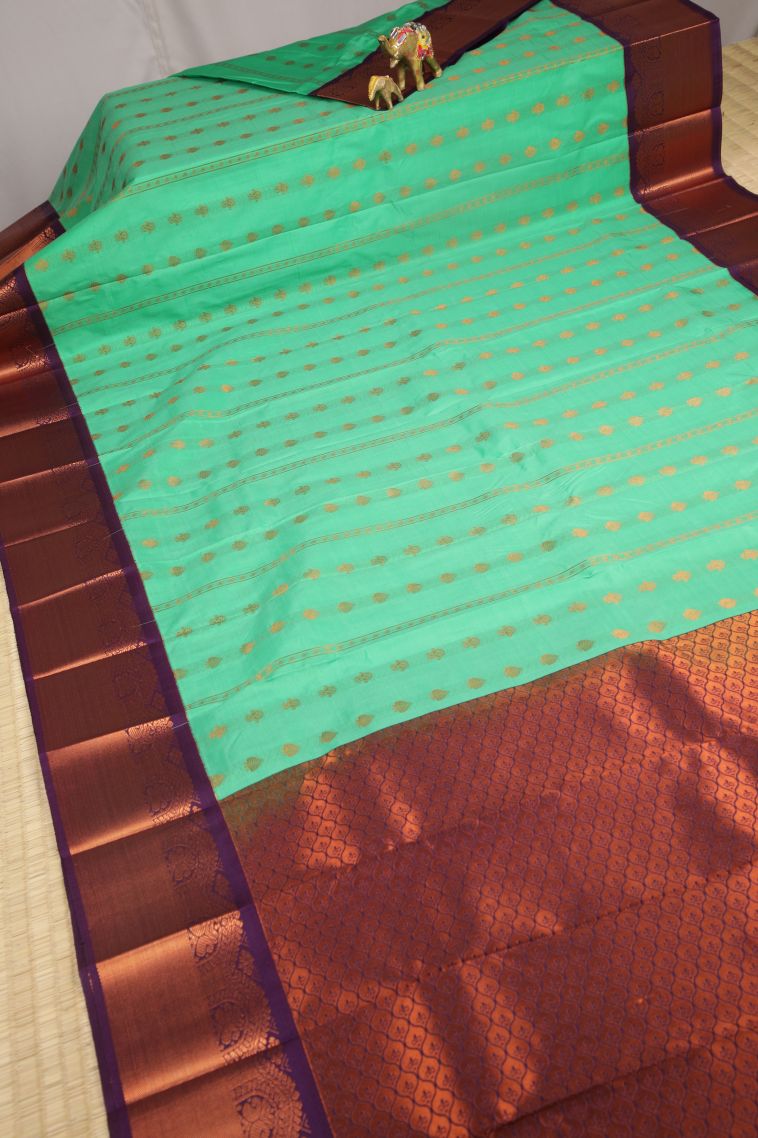 Mint Green Visiri Madippu Silk Sarees with Copper Zari Stripes view 2