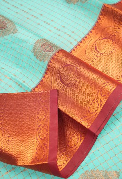 Arctic Blue Visiri Madippu Silk Sarees with Copper Zari Checks