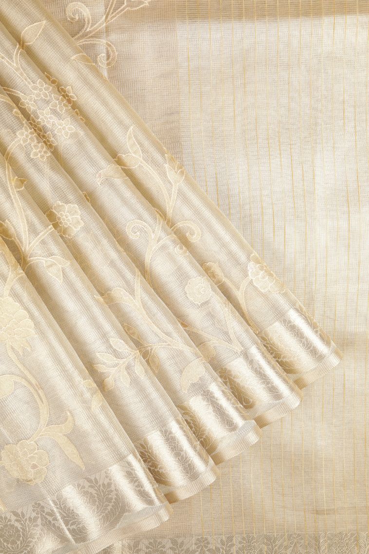 Cream White Organza Saree with Without Zari Zari Floral Patterns view 1
