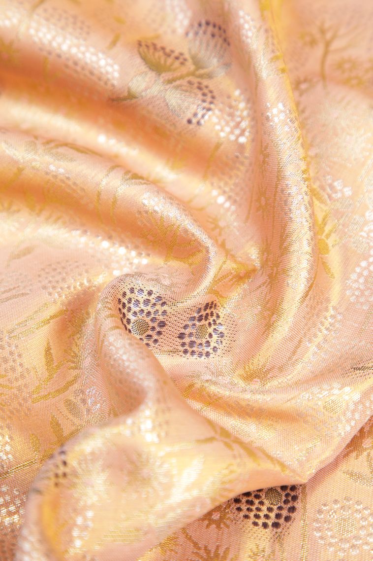 Peach Pink Tissue Silk Sarees with Silver Zari Floral Patterns view 4