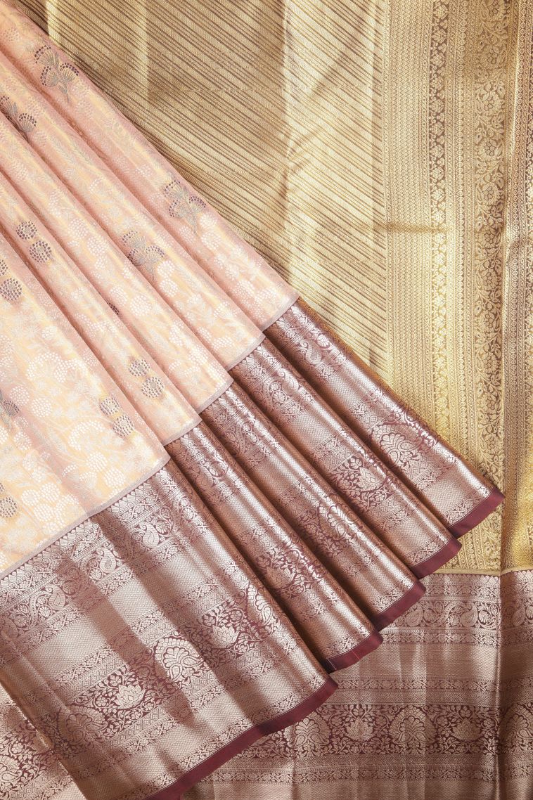 Peach Pink Tissue Silk Sarees with Silver Zari Floral Patterns view 1