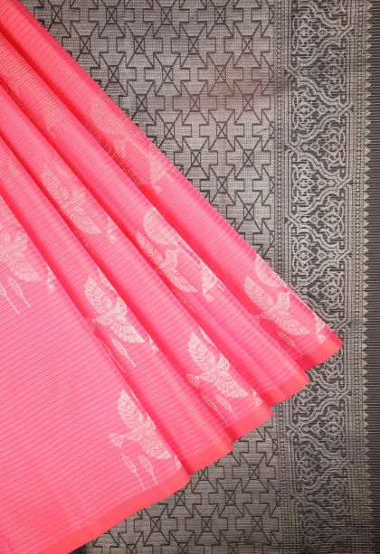 Strawberry Pink Soft Silk Saree with Silver Zari The Soft Silk Saree In Yellow Captures The Essence Of Tradition With I