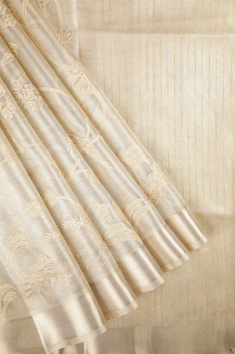 Gold Organza Saree with Without Zari Zari Floral Patterns view 1