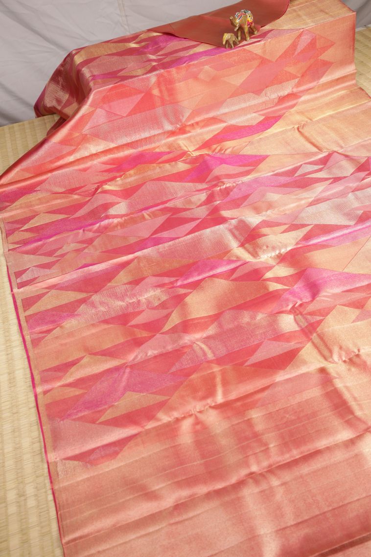 Coral Pink Kanchipuram Silk Sarees with Gold Zari Geometric Shapes view 2