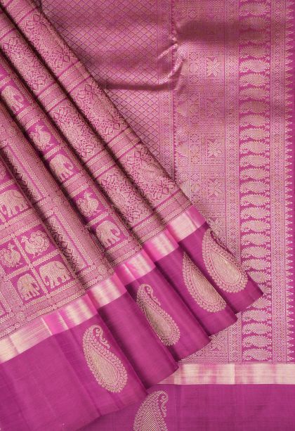 Magenta Purple Kanchipuram Silk Sarees with Gold Zari Floral Patterns