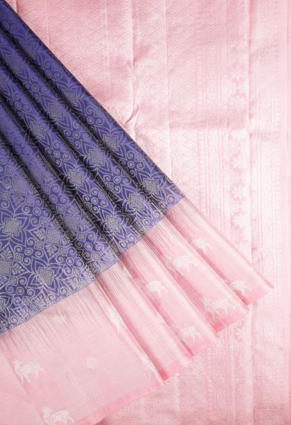 Admiral Blue Soft Silk Saree with Silver Zari Floral Patterns