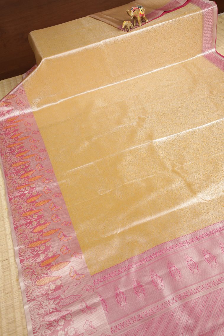 Gold Tissue Silk Sarees with Silver Zari Floral Patterns view 2