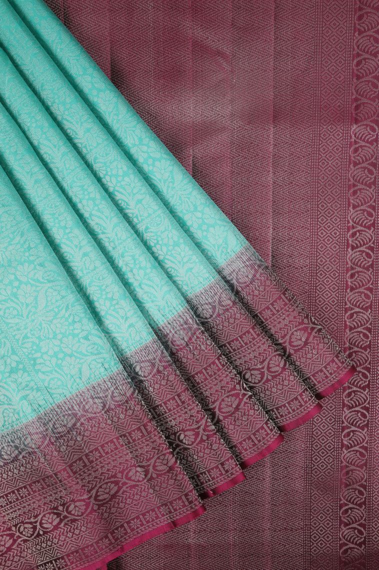 Arctic Blue Soft Silk Saree with Silver Zari Floral Patterns view 1