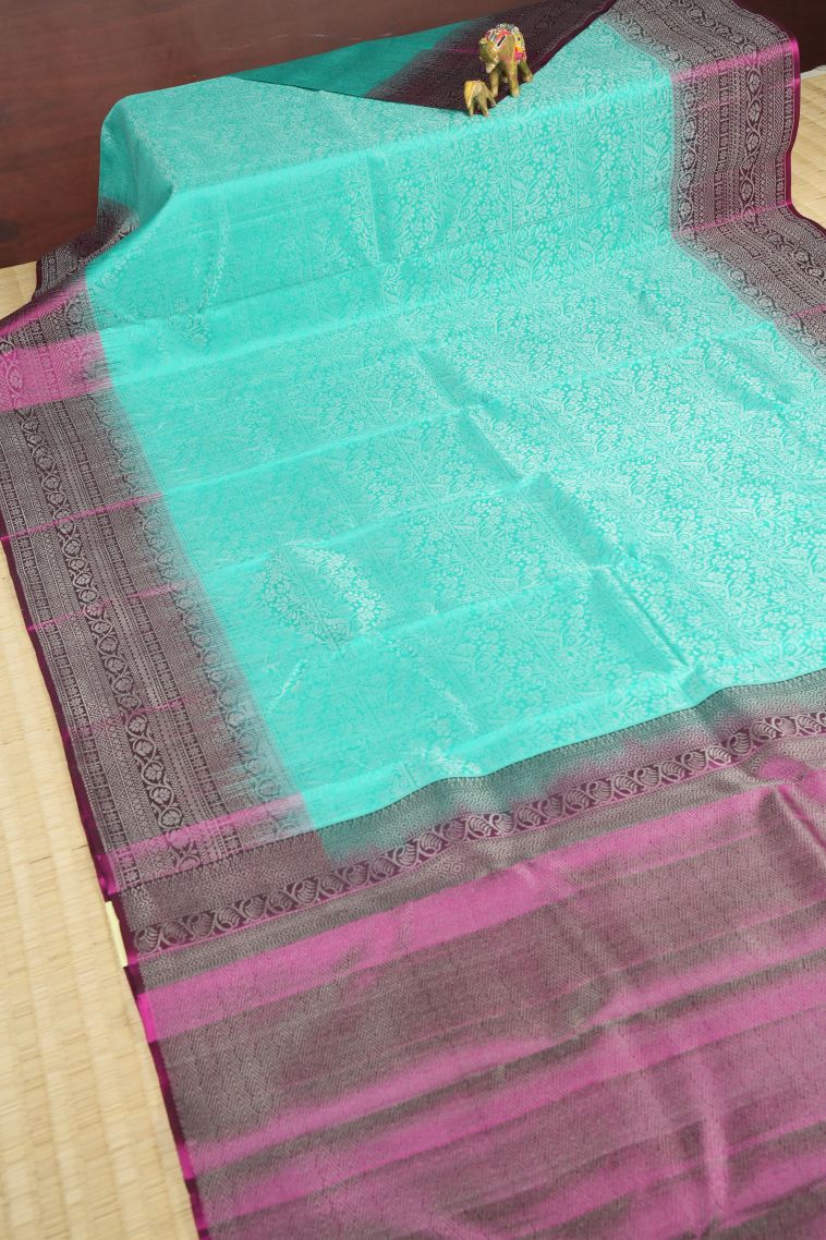 Arctic Blue Soft Silk Saree with Silver Zari Floral Patterns view 2