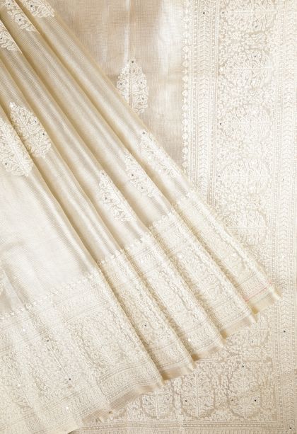 Gold Organza Saree with Without Zari Zari Floral Patterns