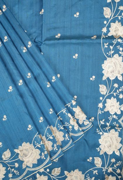 Cobalt Blue Tussar Saree with Without Zari Zari Buttis (small Dots Or Motifs)