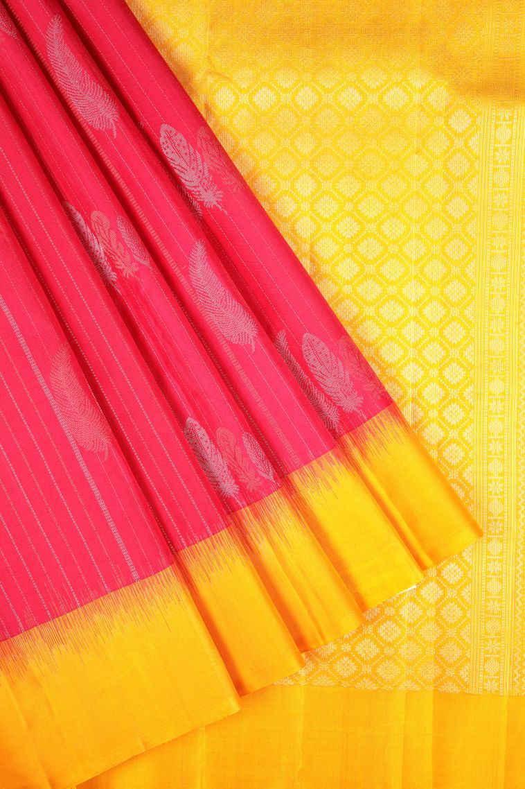 Hot Pink Soft Silk Saree with Silver Zari Stripes view 1