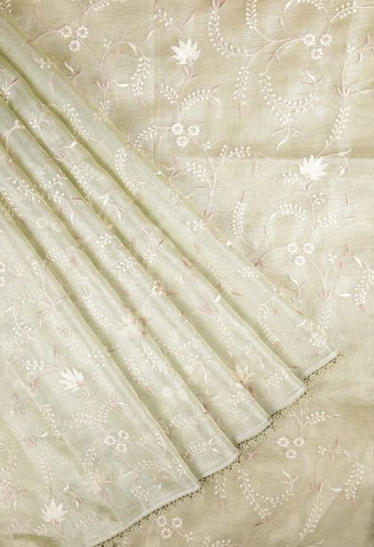 Pistachio Green Organza Saree with Without Zari Zari Floral Patterns