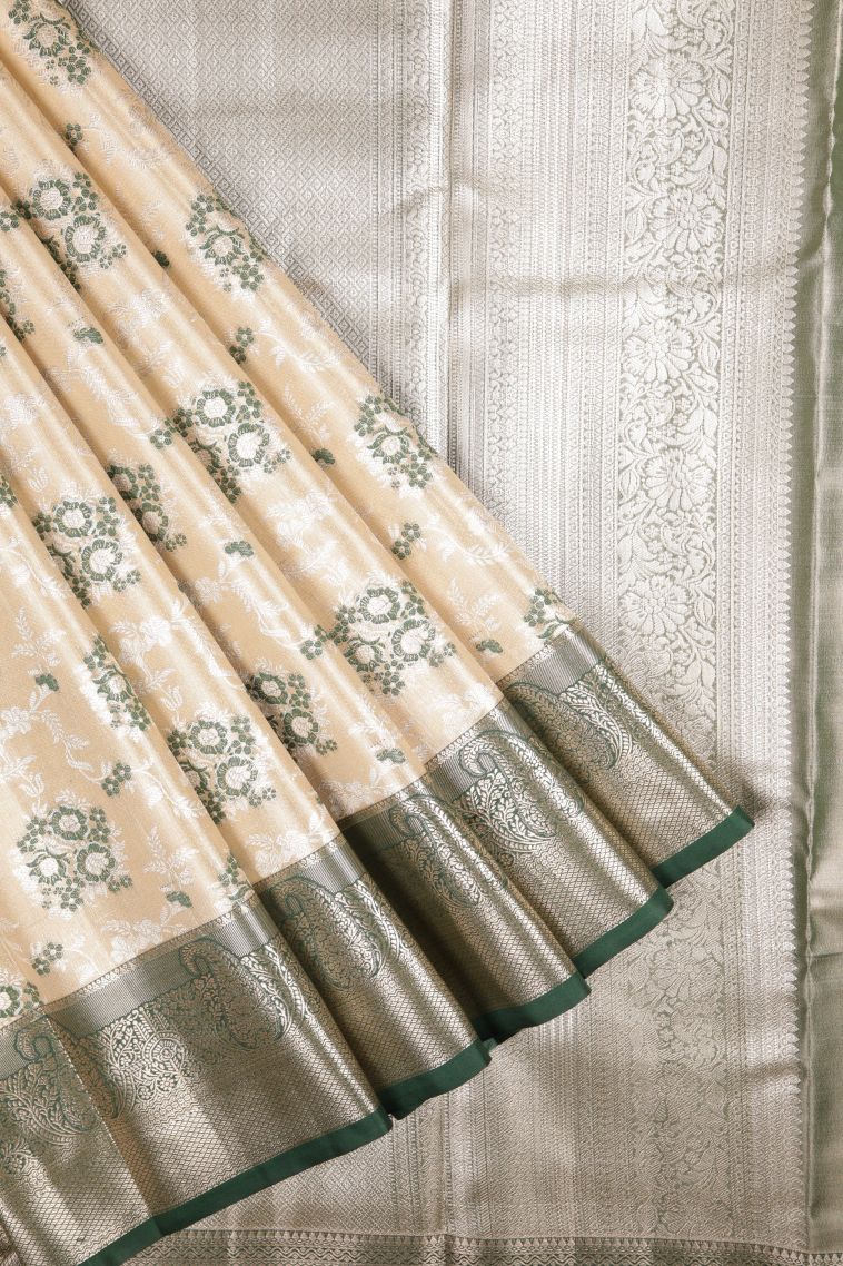 Cream White Tissue Silk Sarees with Silver Zari Floral Patterns view 1