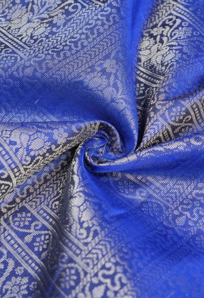 Admiral Blue Soft Silk Saree with Silver Zari Floral Patterns