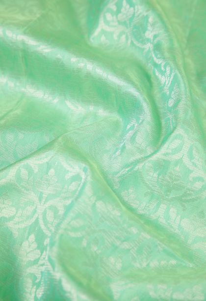 Lime Green Soft Silk Saree with Silver Zari Floral Patterns