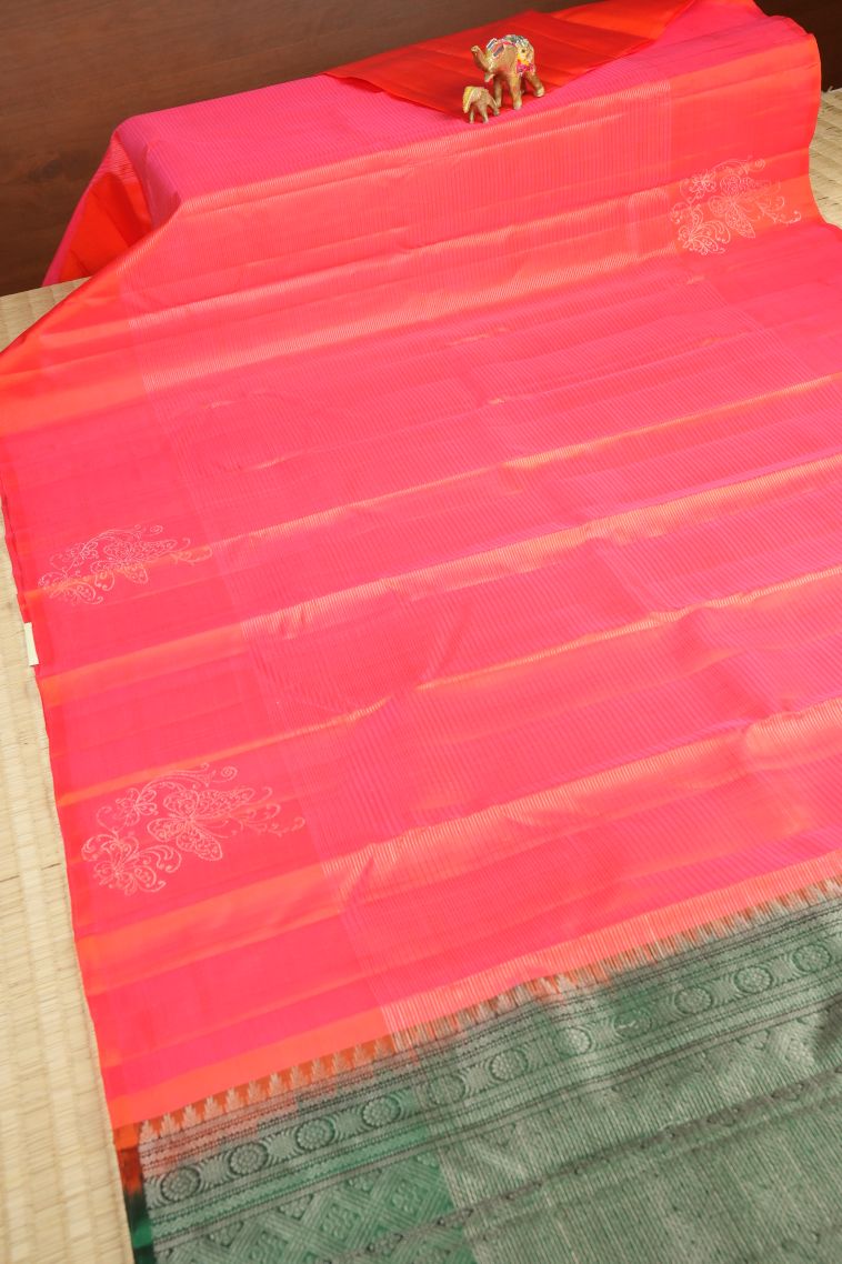 Fuscia Pink Soft Silk Saree with Silver Zari Stripes view 2