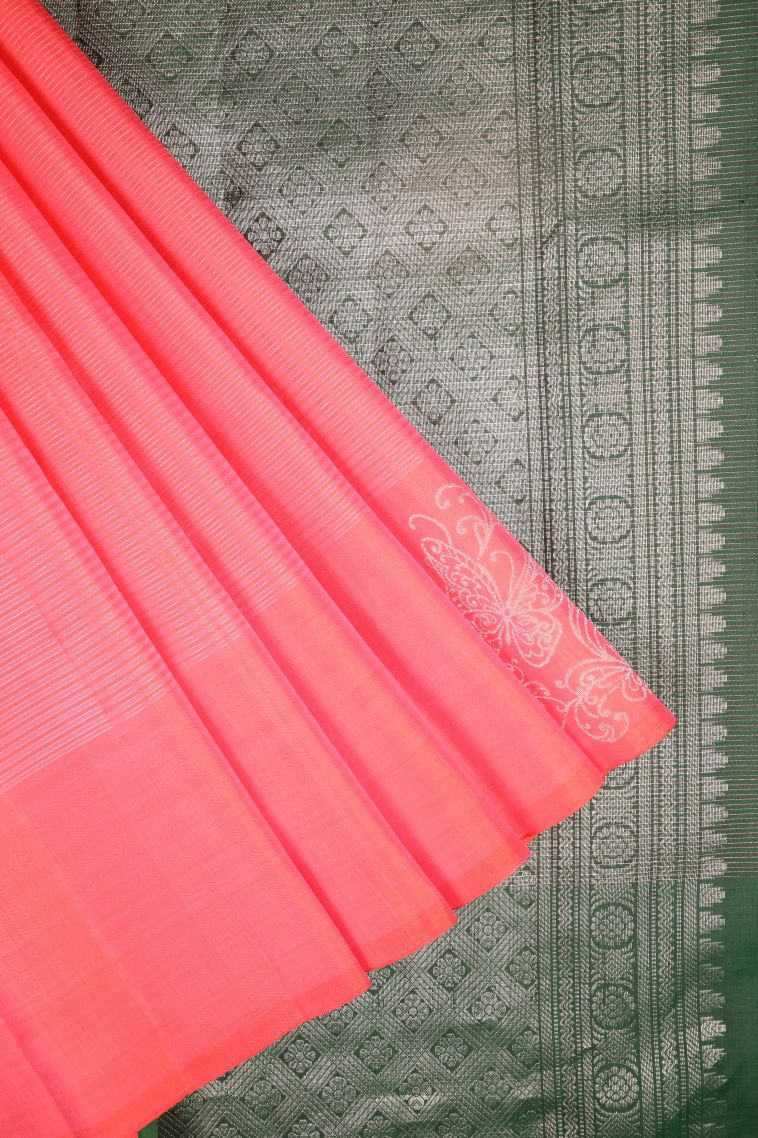 Fuscia Pink Soft Silk Saree with Silver Zari Stripes view 1