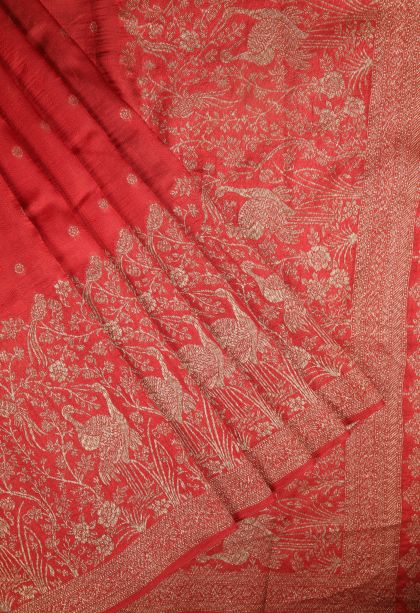 Candy Red Banaras Sarees with Copper Zari Buttis (small Dots Or Motifs)