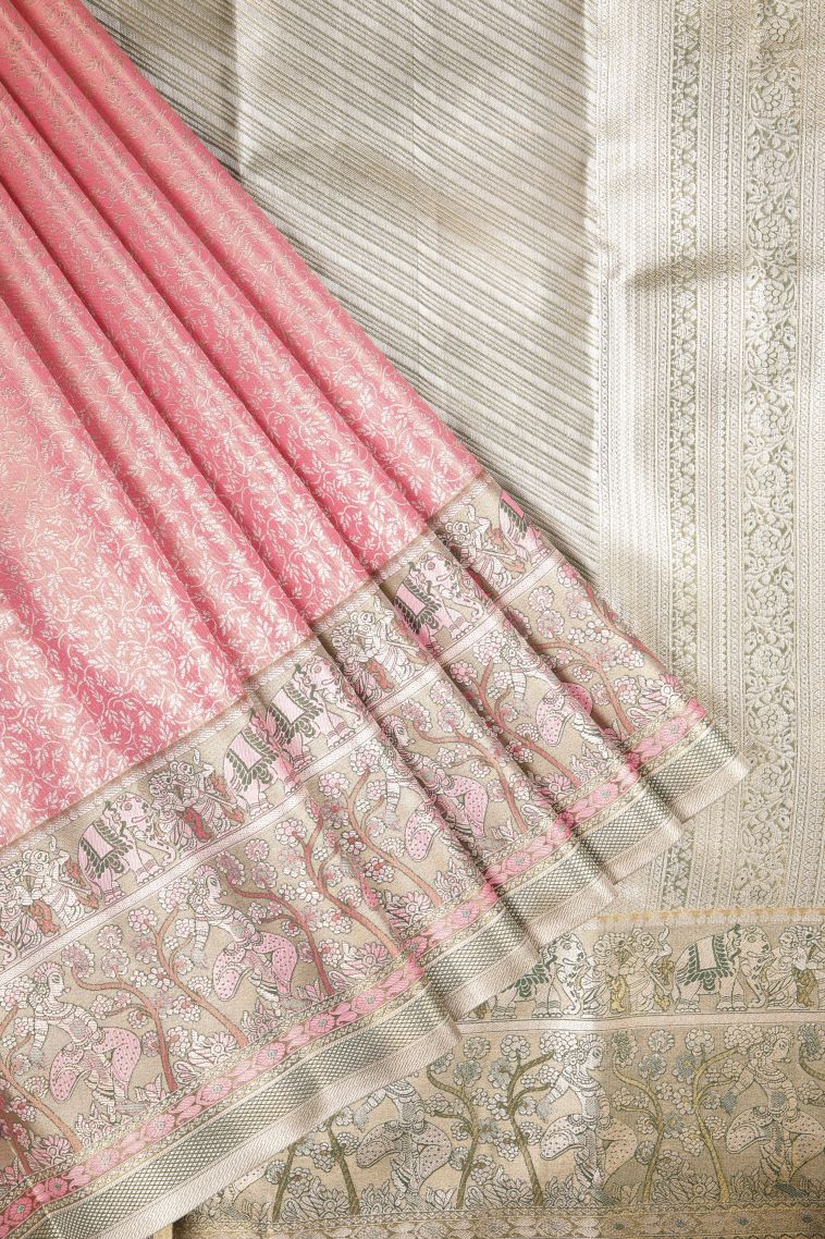 Punch Pink Tissue Silk Sarees with Silver Zari Floral Patterns view 1