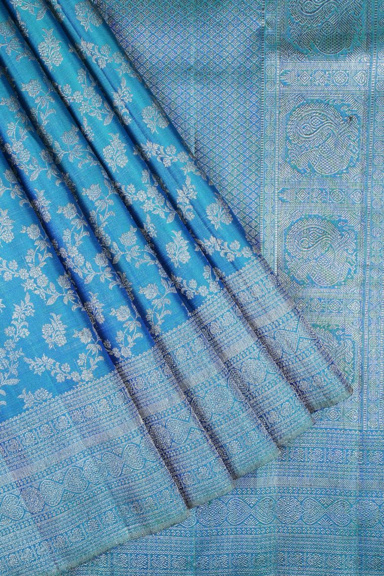 Peacock Blue Kanchipuram Silk Sarees with Gold Zari Floral Patterns view 1