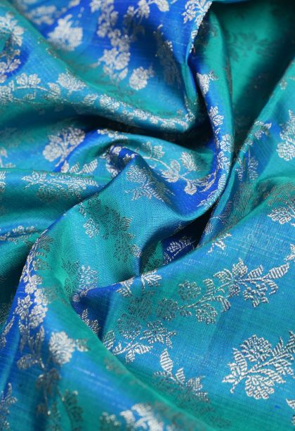 Peacock Blue Kanchipuram Silk Sarees with Gold Zari Floral Patterns