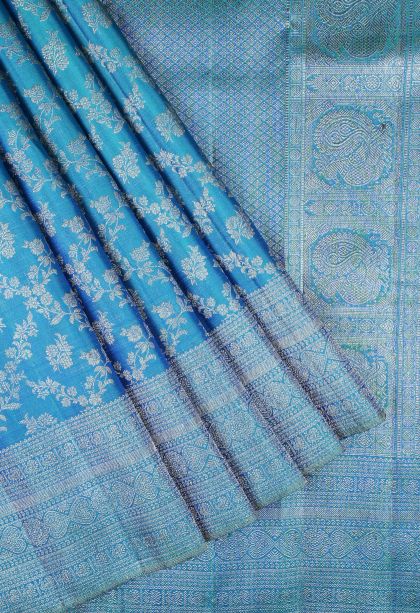 Peacock Blue Kanchipuram Silk Sarees with Gold Zari Floral Patterns