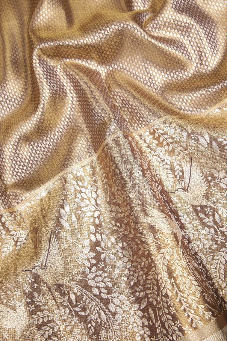 Gold Tissue Silk Sarees with Silver Zari Floral Patterns view 3