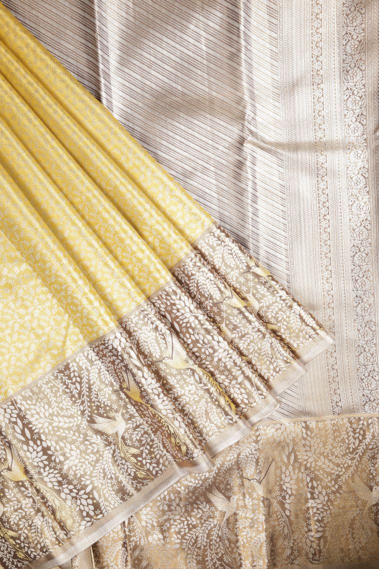 Gold Tissue Silk Sarees with Silver Zari Floral Patterns view 1