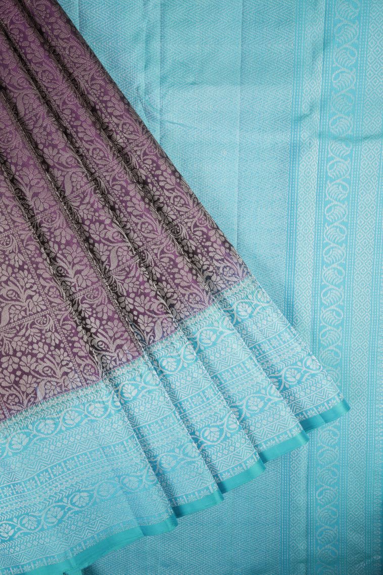 Bosenberry Purple Soft Silk Saree with Silver Zari Floral Patterns view 1
