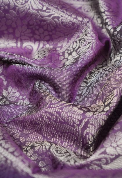 Bosenberry Purple Soft Silk Saree with Silver Zari Floral Patterns