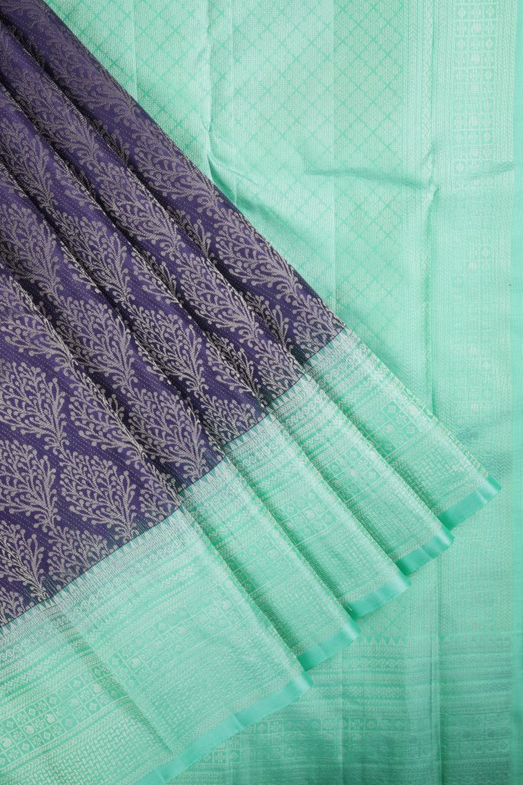 Berry Blue Soft Silk Saree with Silver Zari Floral Patterns view 1