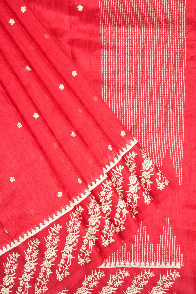 Rose  Red Tussar Saree with Without Zari Zari Buttis (small Dots Or Motifs) view 1