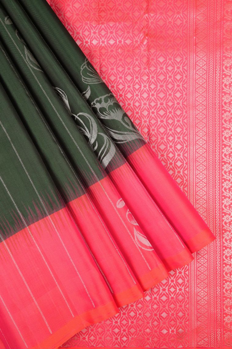 Basil Green Soft Silk Saree with Silver Zari Stripes view 1