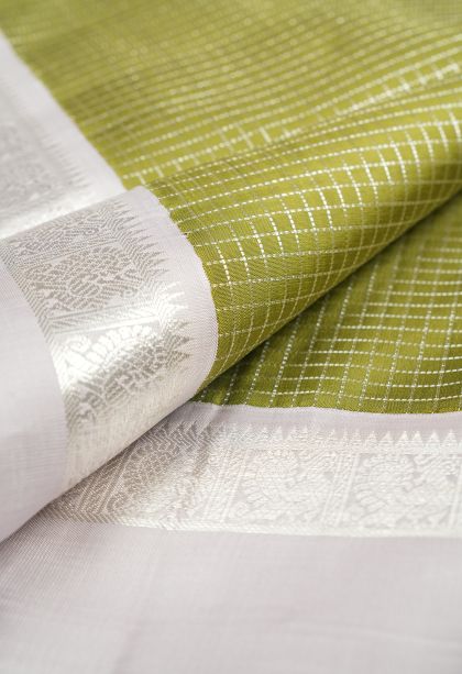 Olive Green Kanchipuram Silk Sarees with Silver Zari Checks