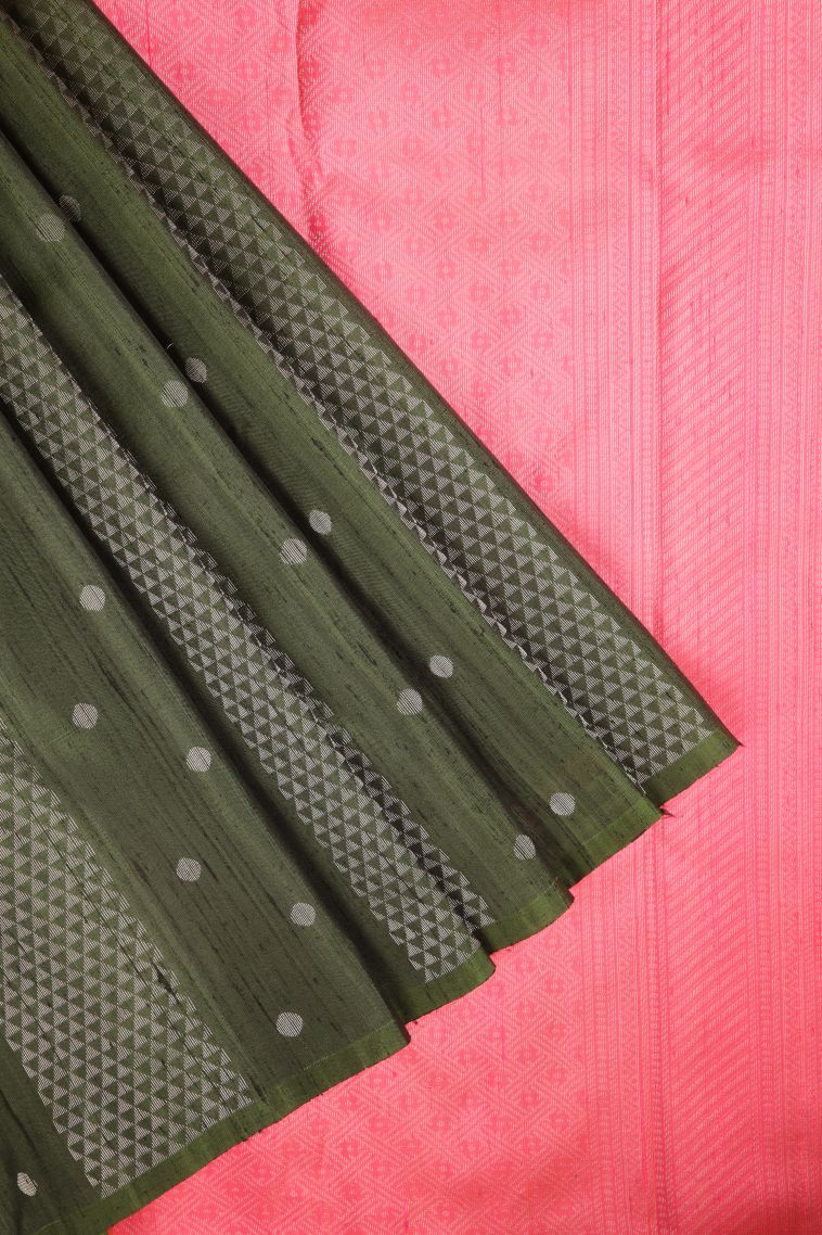 Basil Green Soft Silk Saree with Silver Zari Stripes view 1