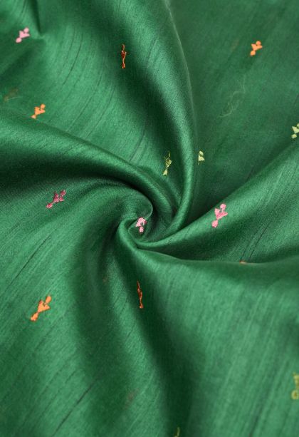 Basil Green Tussar Saree with Without Zari Zari Buttis (small Dots Or Motifs)
