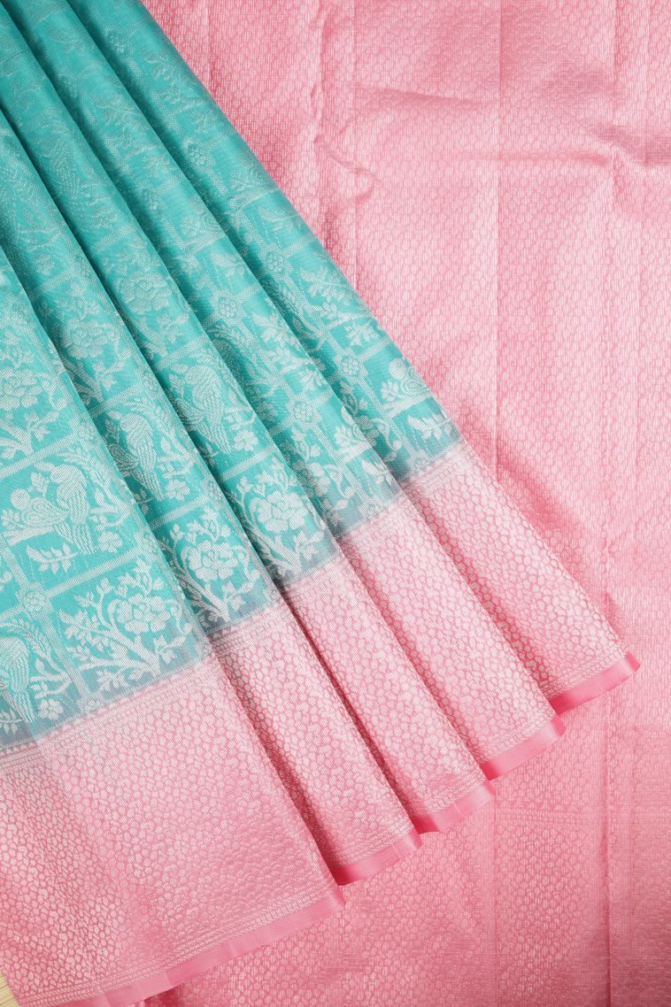 Arctic Blue Soft Silk Saree with Silver Zari Floral Patterns view 1
