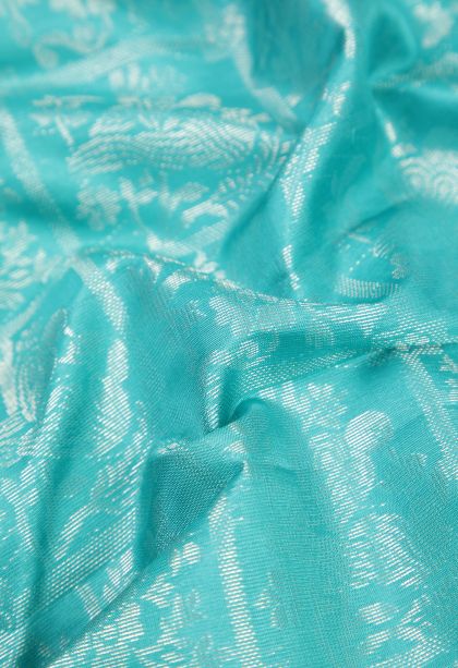 Arctic Blue Soft Silk Saree with Silver Zari Floral Patterns