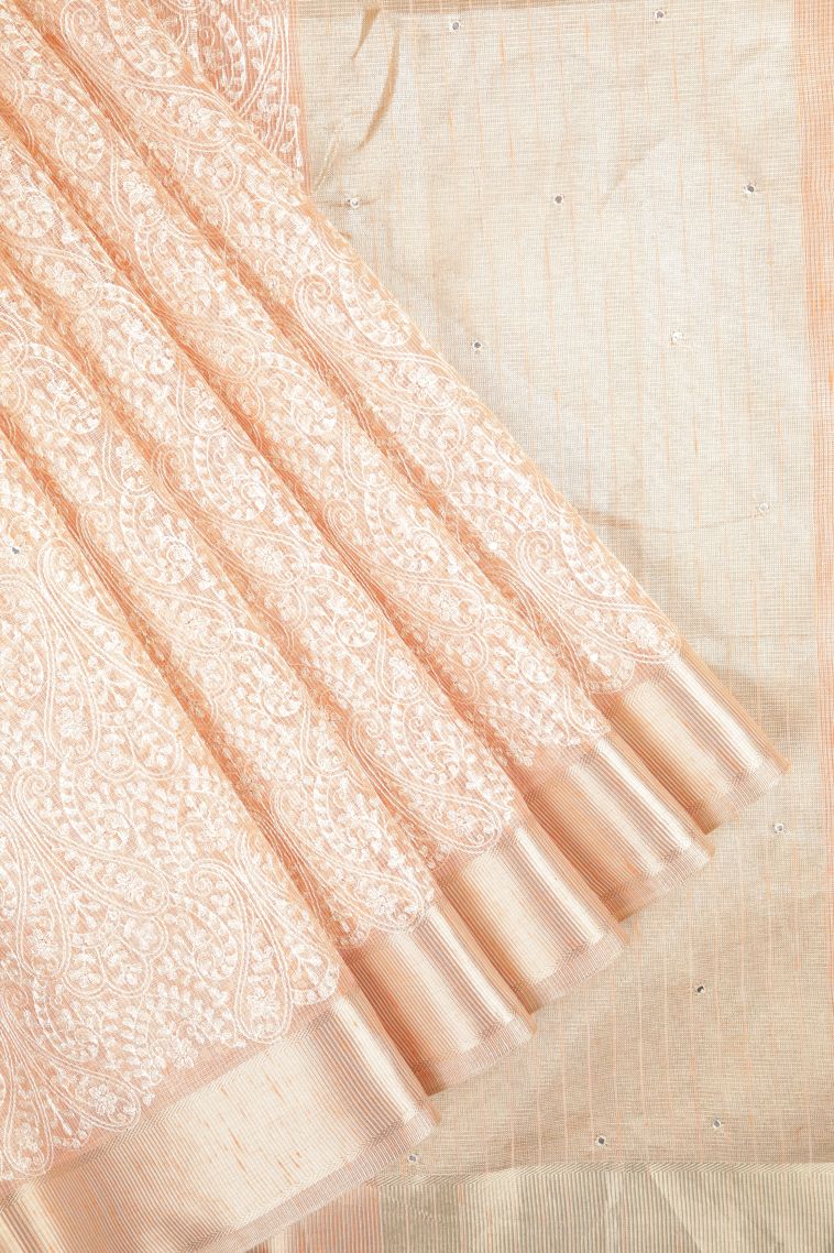Peach Pink Organza Saree with Without Zari Zari Floral Patterns view 1
