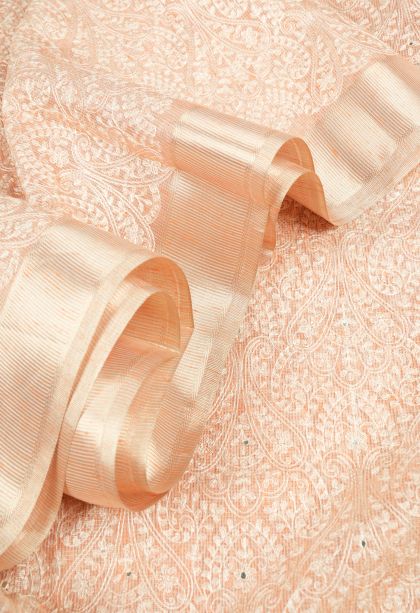 Peach Pink Organza Saree with Without Zari Zari Floral Patterns