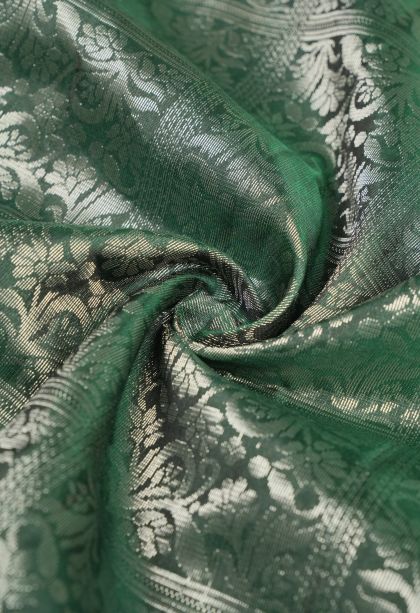 Bottle Green Soft Silk Saree with Silver Zari Floral Patterns
