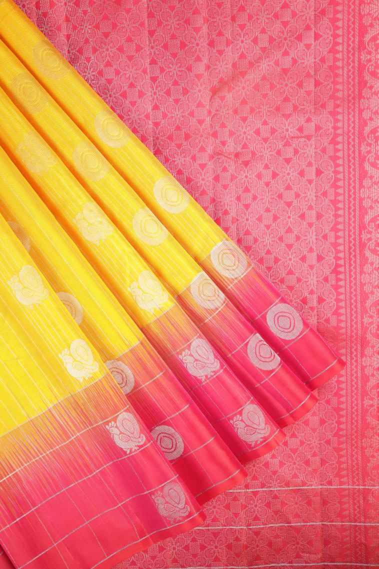 Lemon Yellow Soft Silk Saree with Silver Zari Stripes view 1