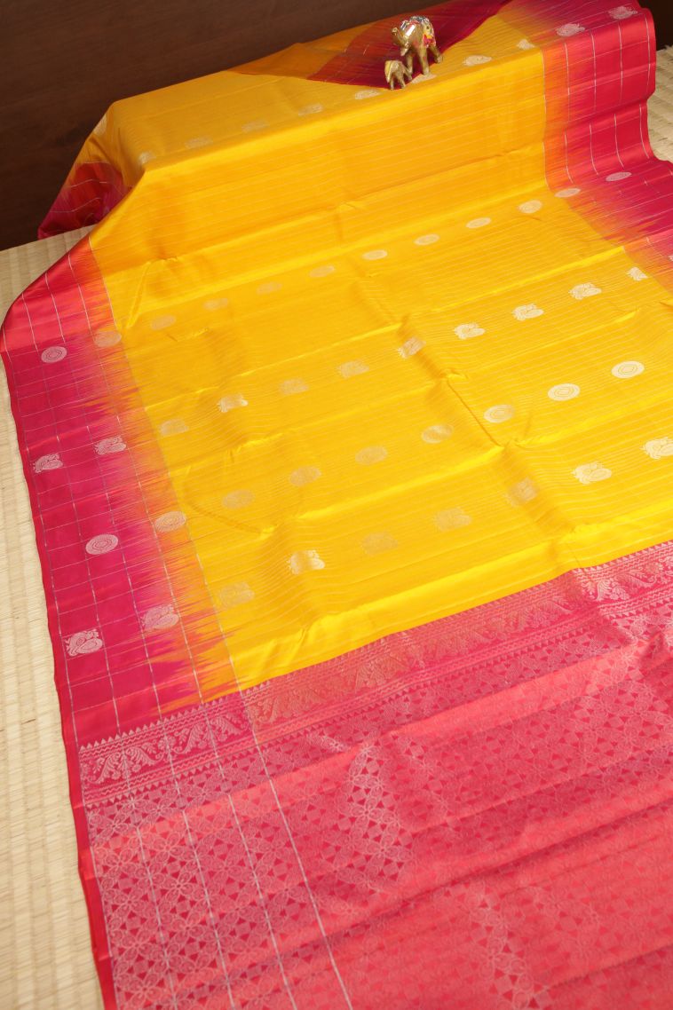 Lemon Yellow Soft Silk Saree with Silver Zari Stripes view 2