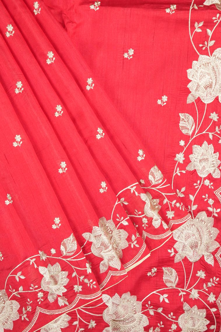 Rose  Red Tussar Saree with Without Zari Zari Buttis (small Dots Or Motifs) view 1