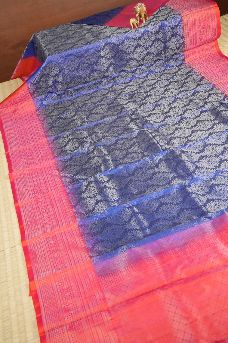 Admiral Blue Soft Silk Saree with Silver Zari Floral Patterns view 2