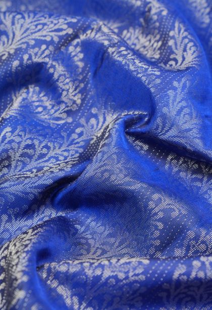 Admiral Blue Soft Silk Saree with Silver Zari Floral Patterns