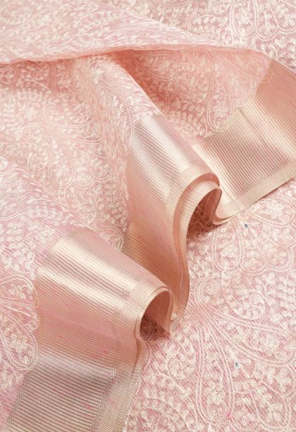 Crepe Pink Organza Saree with Without Zari Zari Floral Patterns