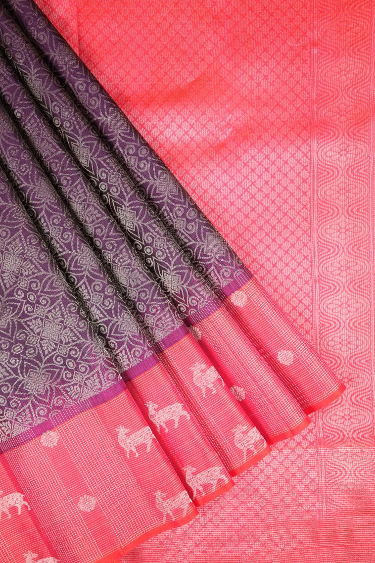 Bosenberry Purple Soft Silk Saree with Silver Zari Floral Patterns ...